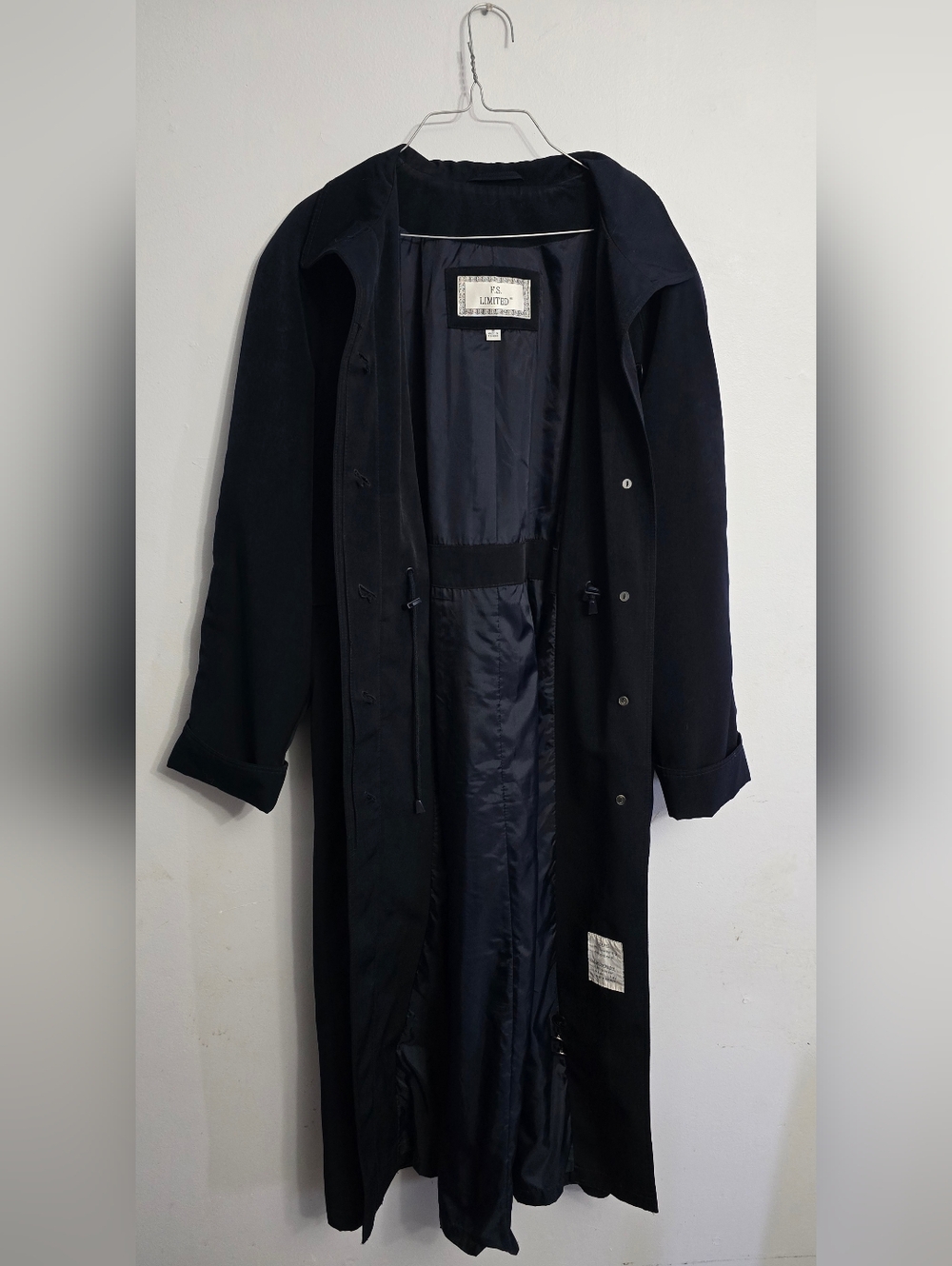 Vtg 90s Black Microfiber Long Trench Coat Size 10